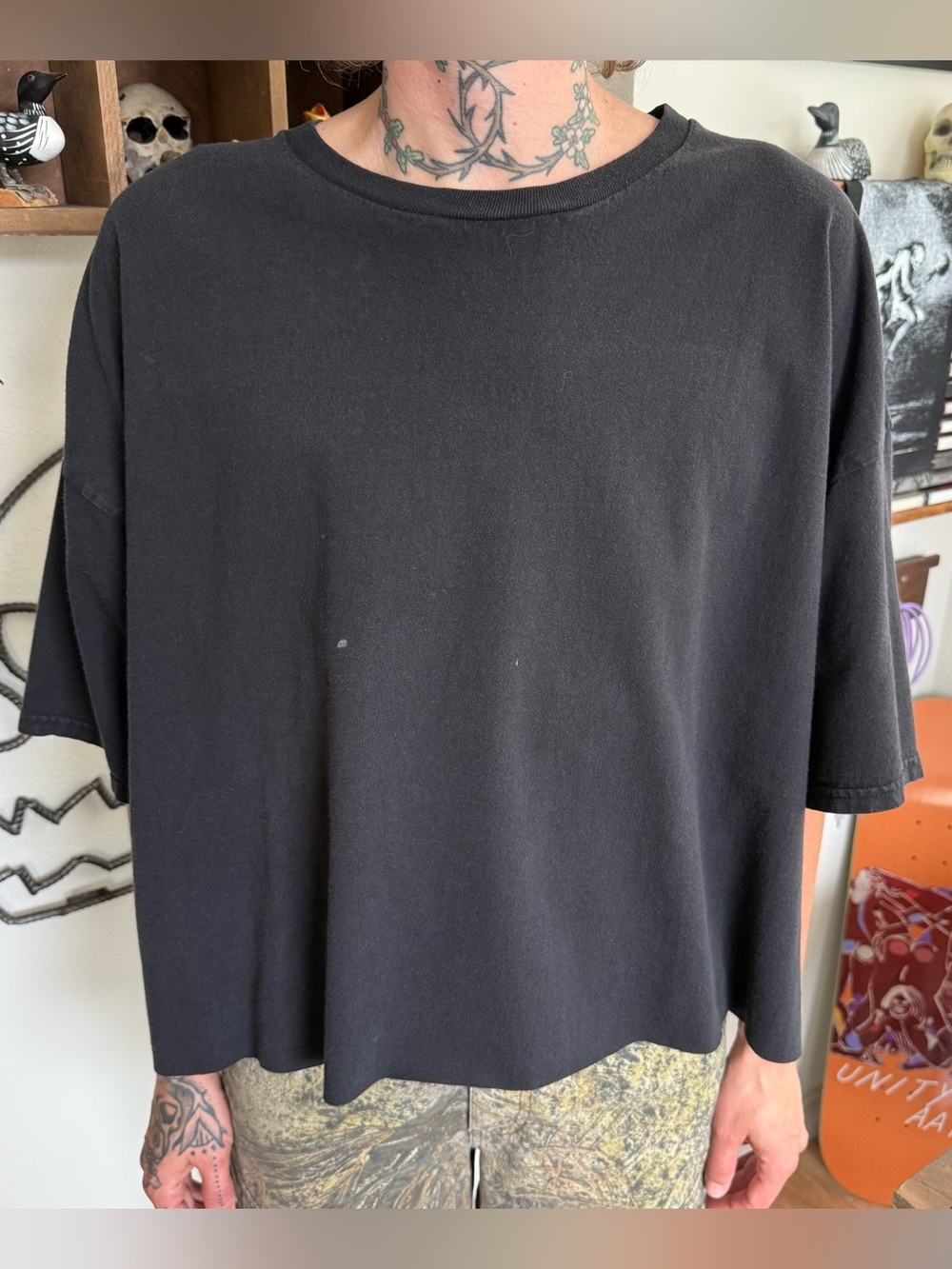 Vintage 90s Cropped Boxy Black Cotton Tee Hanes ~ Size 3XL